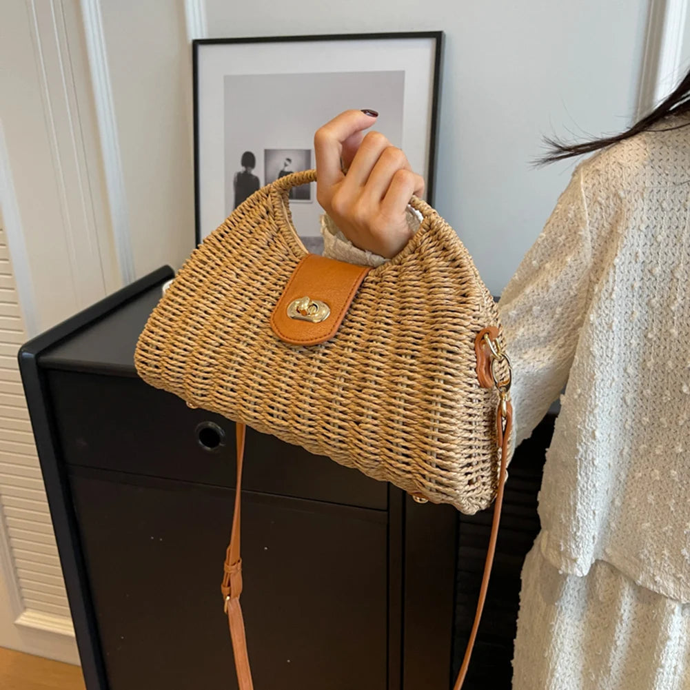 Women Hand-Woven Bag Summer Woven Shell Female Tote Bag Handmade Fashion Holiday Casual Simple Elegant Lady Straw Bag Quake