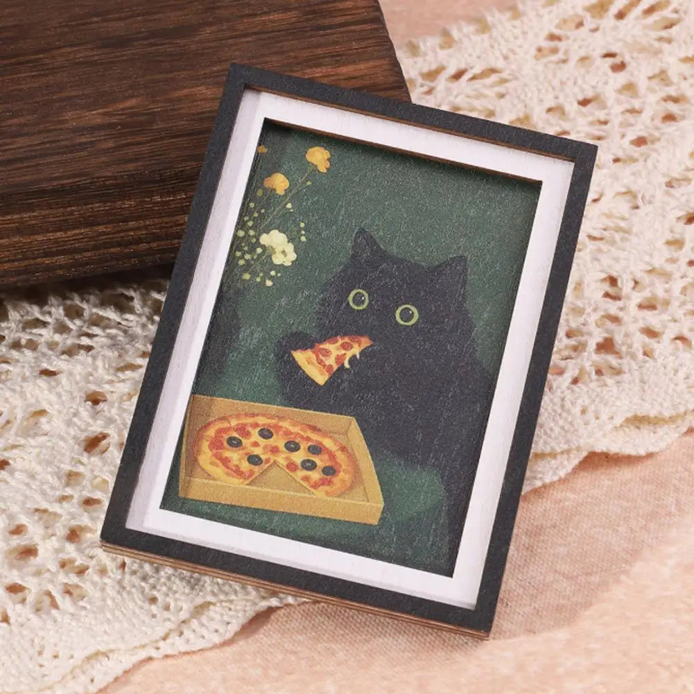 Cute Vintage Black Cat Fridge Magnet Wooden Mini Photo Frame Aesthetic Kitchen Room Decor Gift for Cat Lovers Quake