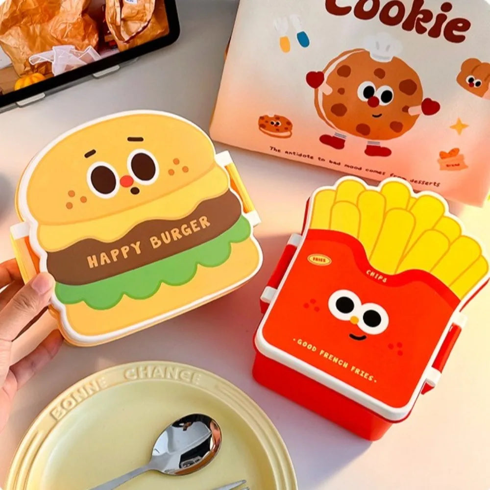 Creative Cartoon Bento Box Hamburger French Fries Leakproof Portable Lunch Box Divided Food Container Picnic Quake