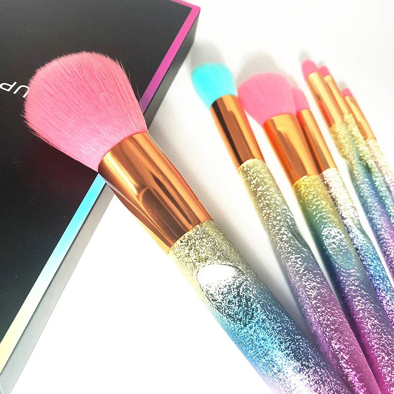 7Pcs Rainbow Glitter Makeup Brushes Set Portable Powder Blush Blending Eyeshadow Brush Kit Unicorn Cosmetic tool with Box Quake