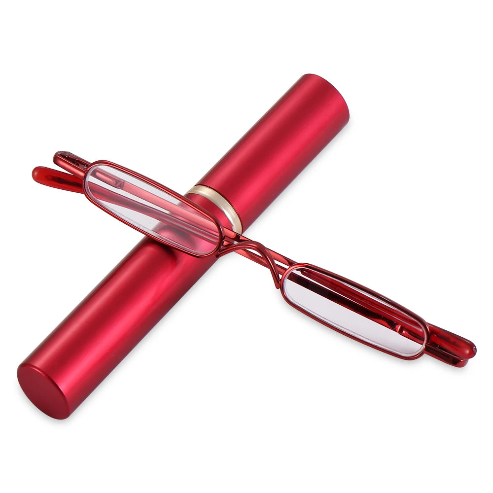 Compact Spring Hinged Men Women Eyeglasses Readers with Pen Clip Tube Case Slim Pen Reading Glasses Slim Reading Glasses Quake red Strength 3.0x