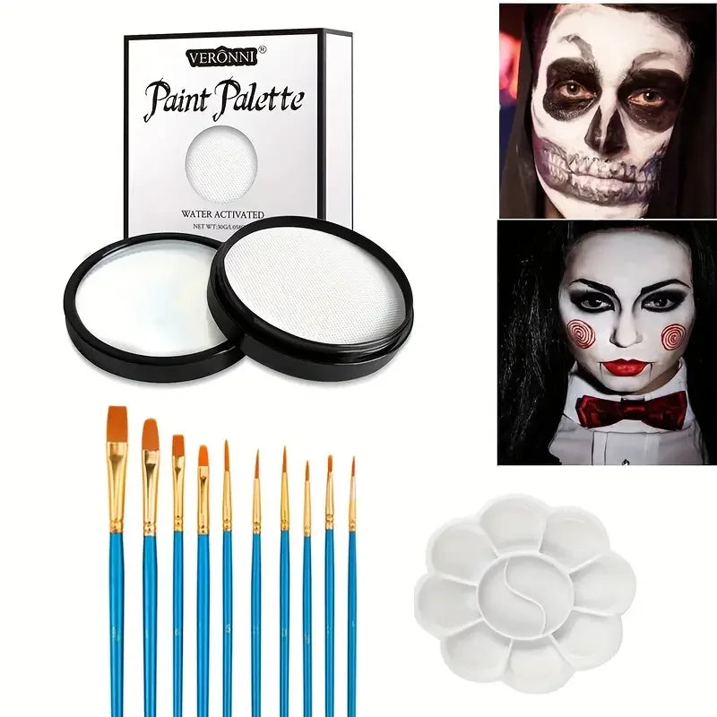 30G Water Monochromatic Face Body Painting Palette Halloween Face Body Paint Makeup Body Partie 10 Brushes and Palettes Set Quake 3pcs white