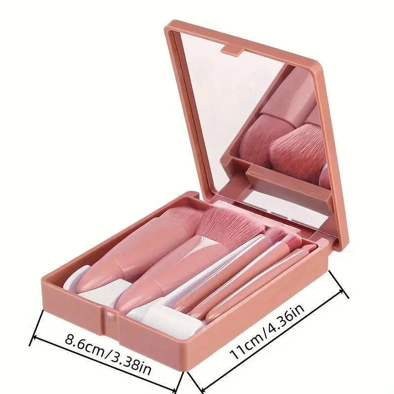 5Pcs Portable Makeup Brush Set with Mirror -Foldable Travel Kit Mini Makeup Brush Set Multifunctional Travel Makeup Brush Set Quake