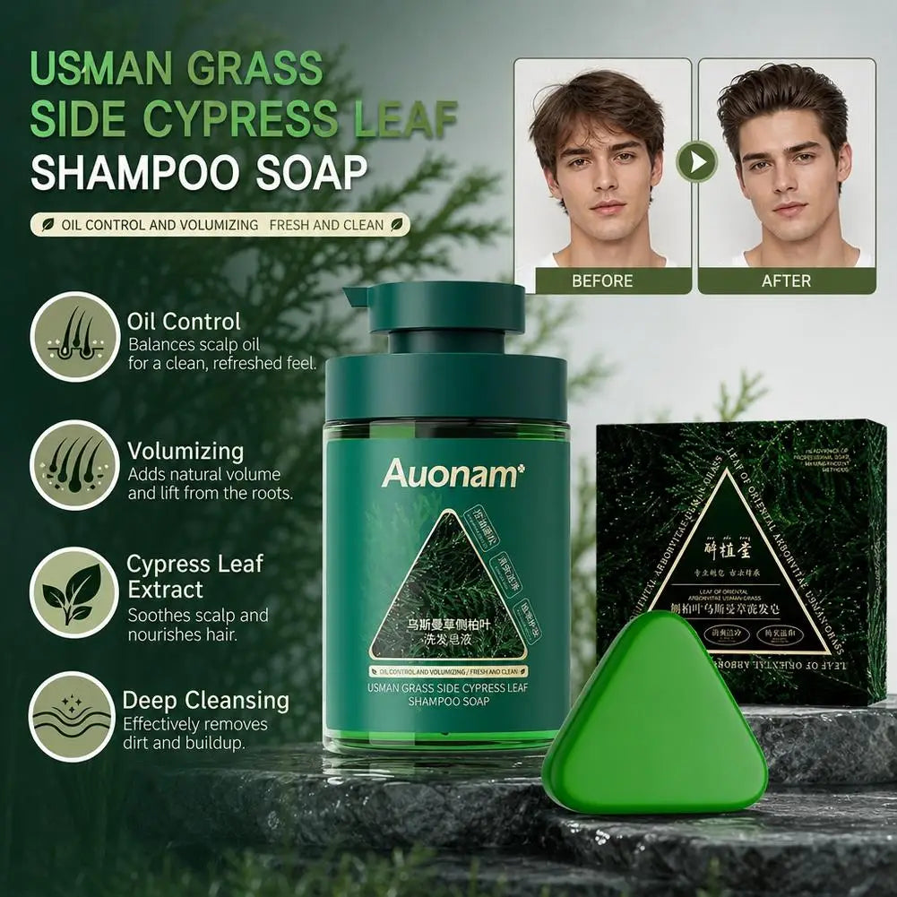 Usman Grass & Platycladus Shampoo&Bar Handmade Solid Soap Strengthens Root Anti Hair Loss Herbal Shampoo Soap Hair Growth Quake