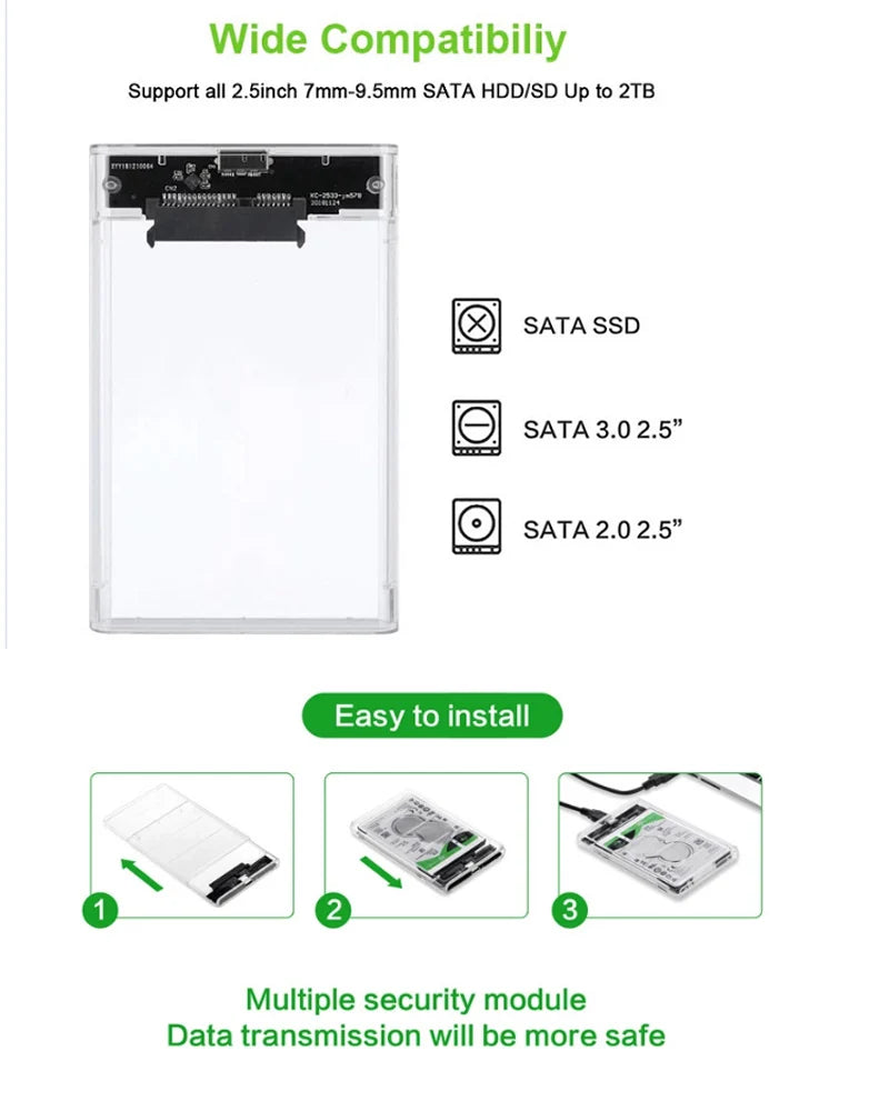 New USB C Type C 3.0/2.0 HDD Enclosure 2.5 inch SATA SSD Hard Drive Case Support 6TB Transparent Mobile External HDD Quake