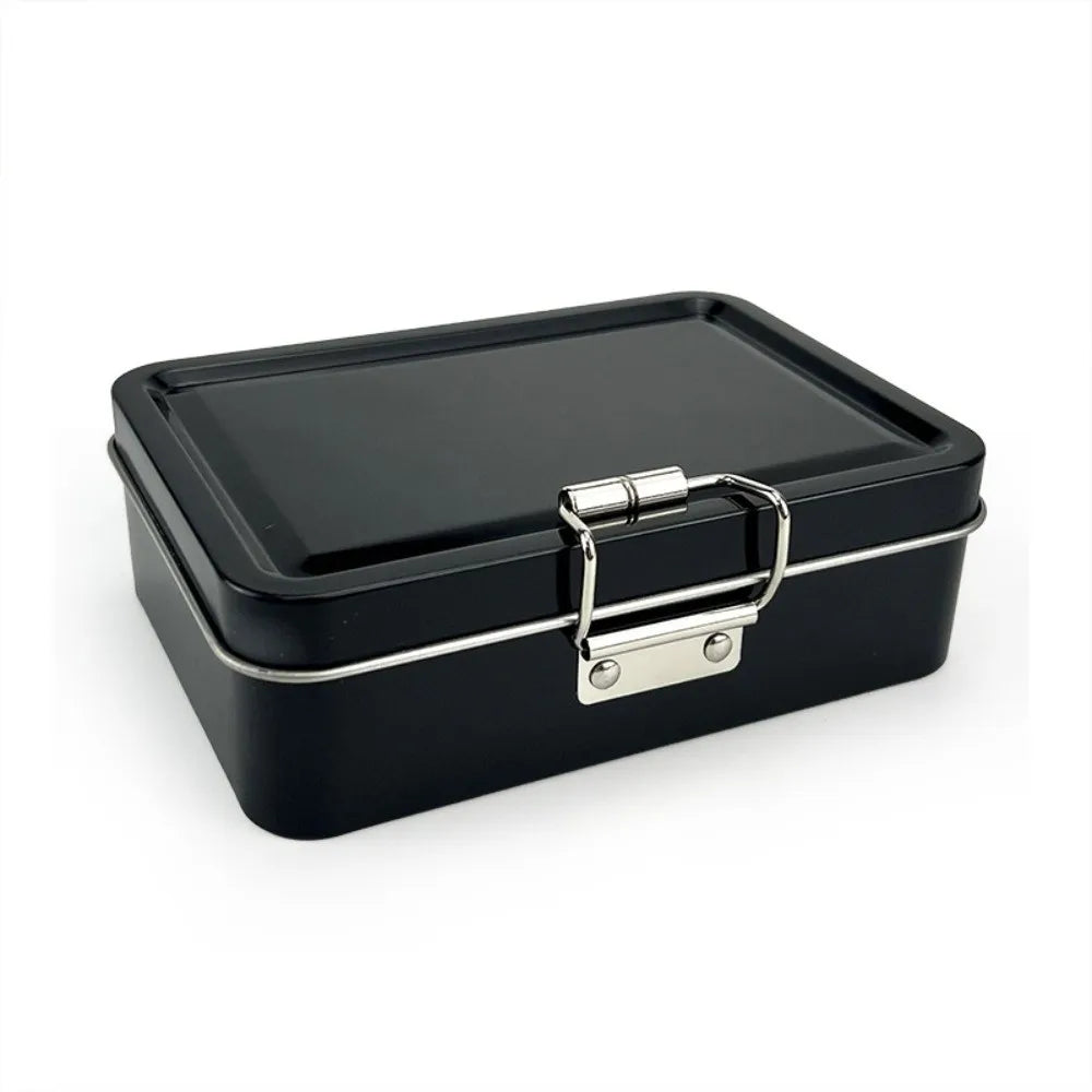 Flip Cover Buckle Iron Box Metal Solid Color Fishing Craft Storage Tin with Lid Durable Fishing Gear Storage Box Quake Black