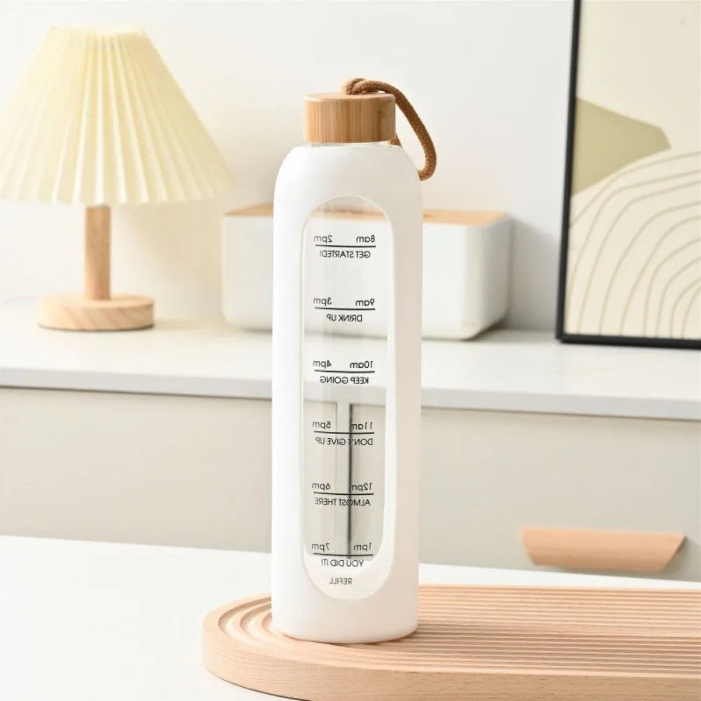 Trendy Time-marked Glass Water Bottles Bamboo Lid Sport Silicone Sleeve Drink Bottle Free of Lead Sports Water Cup Quake white 1.0L