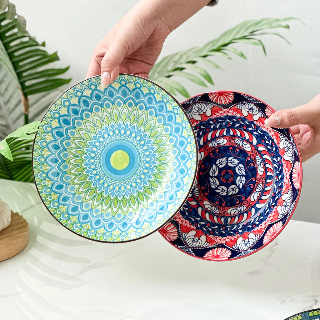 4-Piece Bohemian Pattern Ceramic Plate Set, 8.2 Inch/20.8cm, Multi-Use, Durable, Dishwasher & Microwave Safe Quake