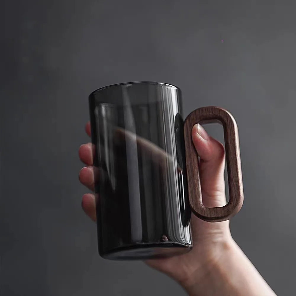 120/200/300/360ml Glass Cups With Walnut Handle Coffee Mug Set Heat-resistant Teacup Household Office Drinking Glasse 2pcs Quake