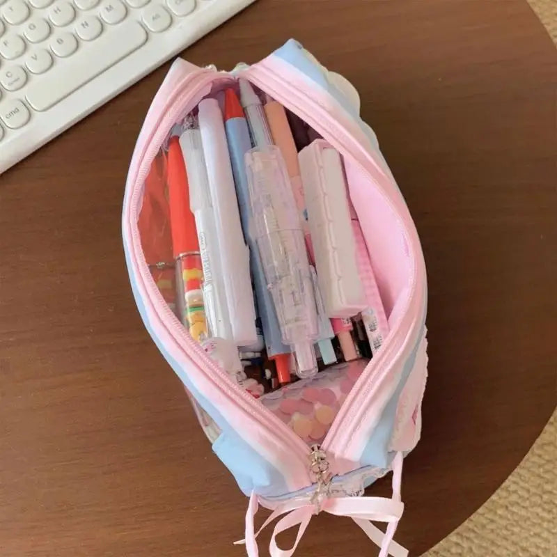 Pencil Soft Polyester Pen Case with Zippers Closure, Pink Blue Patchwork Stationeries Bag for Students and Homework K1KF Quake