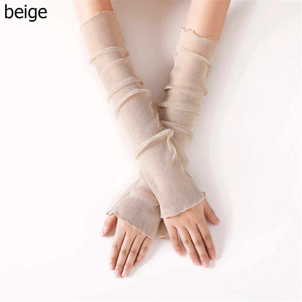 Spring Summer Fashion Sleeves Mesh Lace Thin Long-Sleeved Bike Breathable Cycling Gloves Driving Arm Warmers Sleeves Quake beige