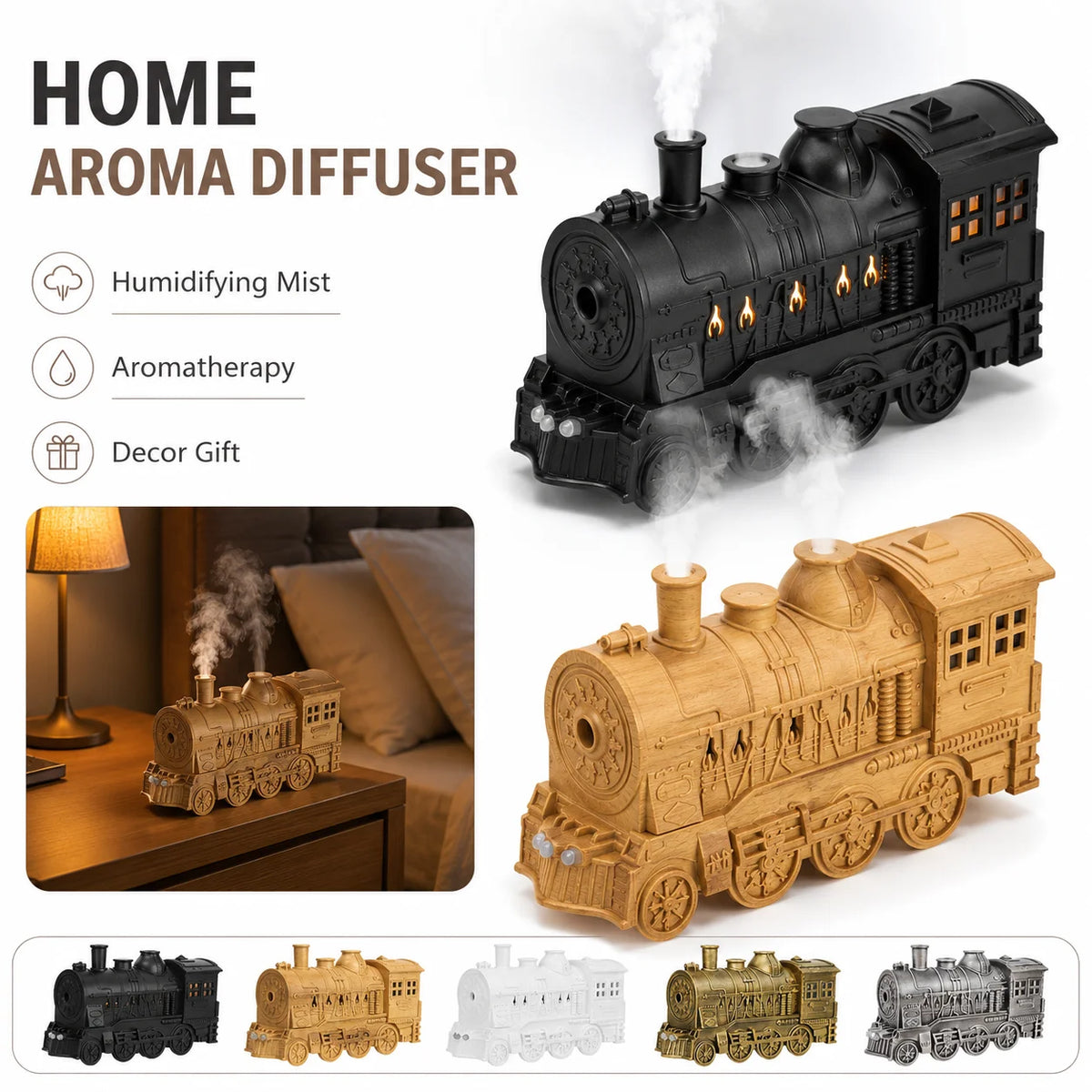 Creative Train Aroma Diffuser 300ml Ultrasonic Humidifier Jellyfish Mist Remote Control Timer LED Night Light for Office Bedroom Quake
