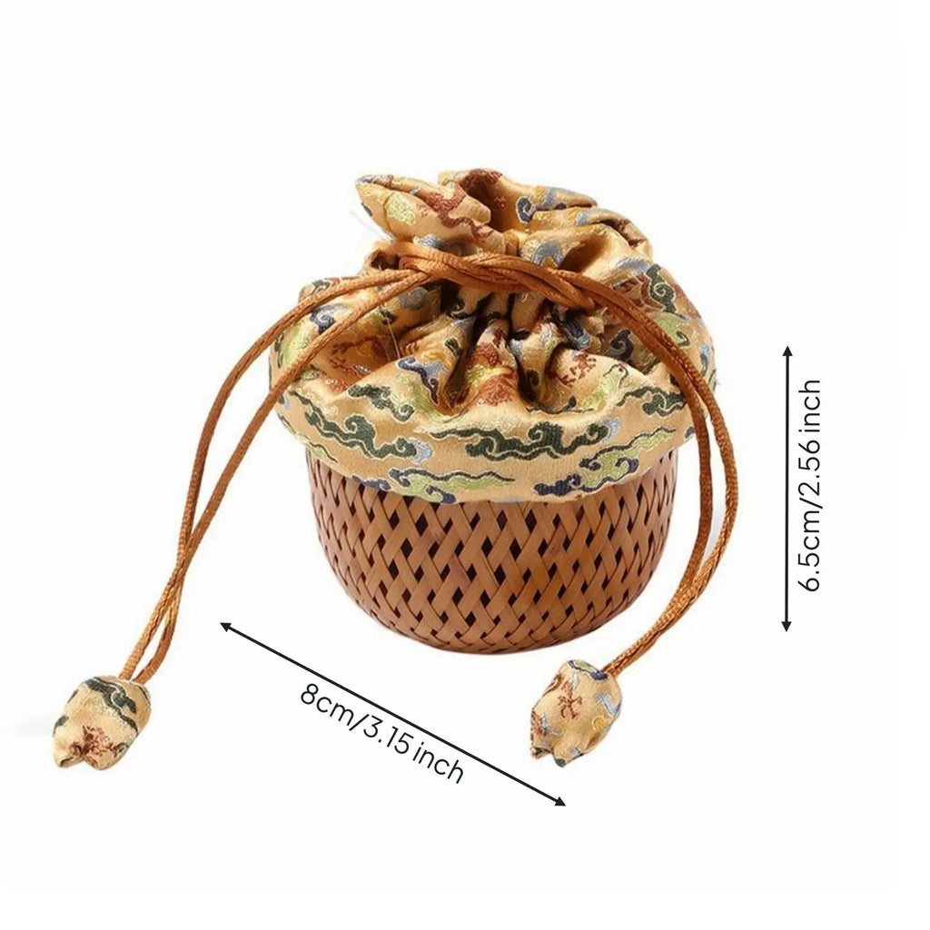 Portable Bamboo Tea Cup Pouch Handwoven Storage Bag Drawstring Cloth Design for Home Travel and Collectible Care Quake
