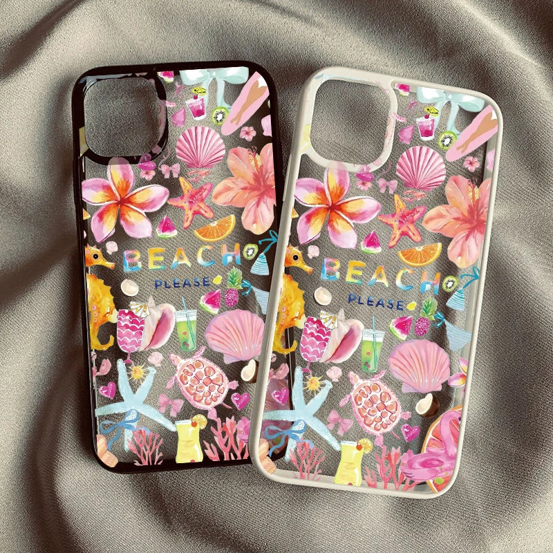 Tropical Summer Beach Clear Case for iPhone 16 12 13 mini 11 14 15 Pro Max XR 7 8 Plus Seashell Hibiscus Fruit shockproof Cover Quake