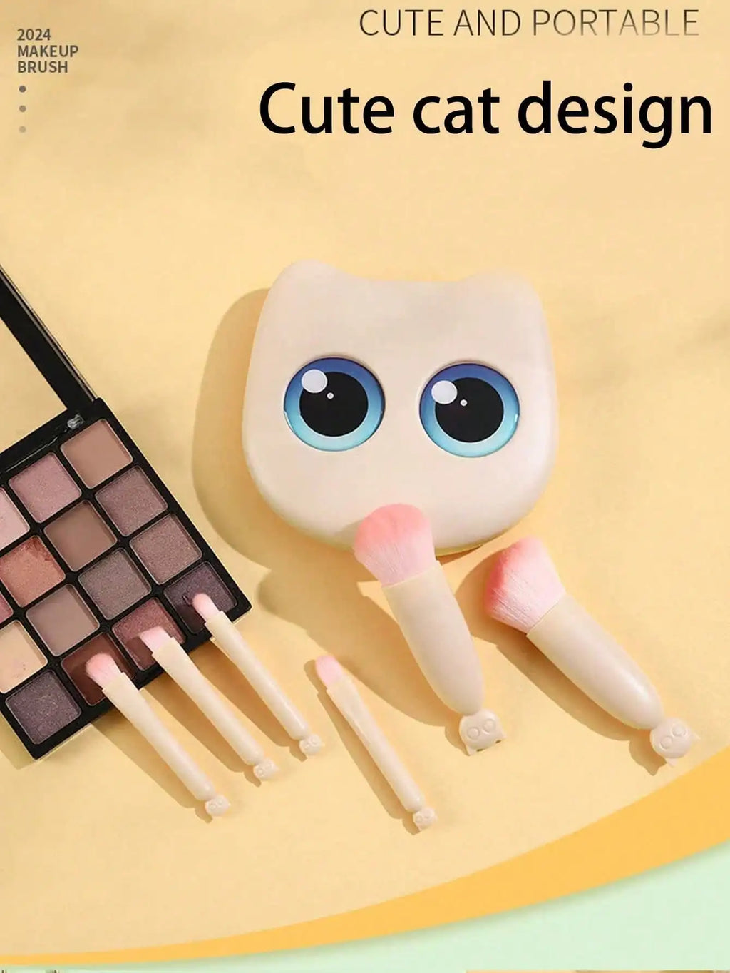 1 Box 6pcs Mini Cute Cat Design Portable Makeup Brush Set - Powder Brush, Eyeshadow Brush, And Assorted Brushes Quake