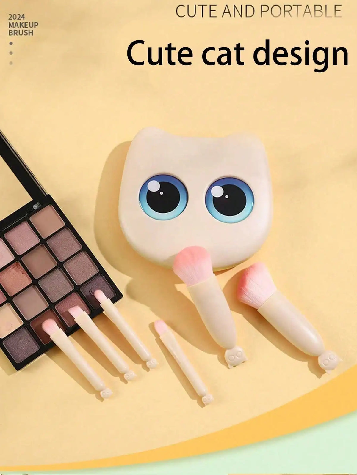 1 Box 6pcs Mini Cute Cat Design Portable Makeup Brush Set - Powder Brush, Eyeshadow Brush, And Assorted Brushes Quake