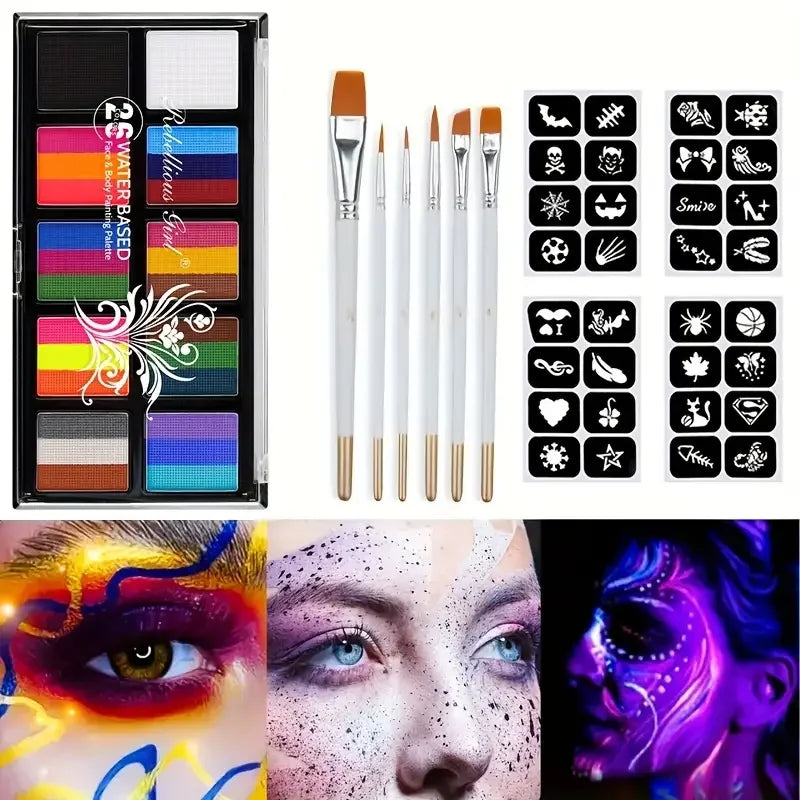 26 Colors Body Paint Set with Brushes and Stickers Water-Soluble UV Luminous Face Body Paint Art for Stage Performances Makeup Quake