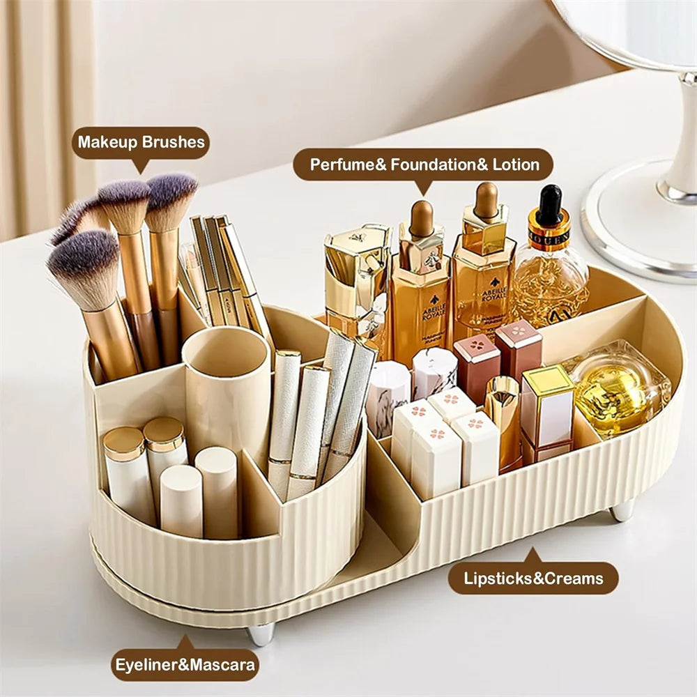 360° Rotating Makeup Organizer for Vanity with Brush Holder, Cosmetic Makeup Storage Organizer, Large Spinning Makeup Organizer Quake