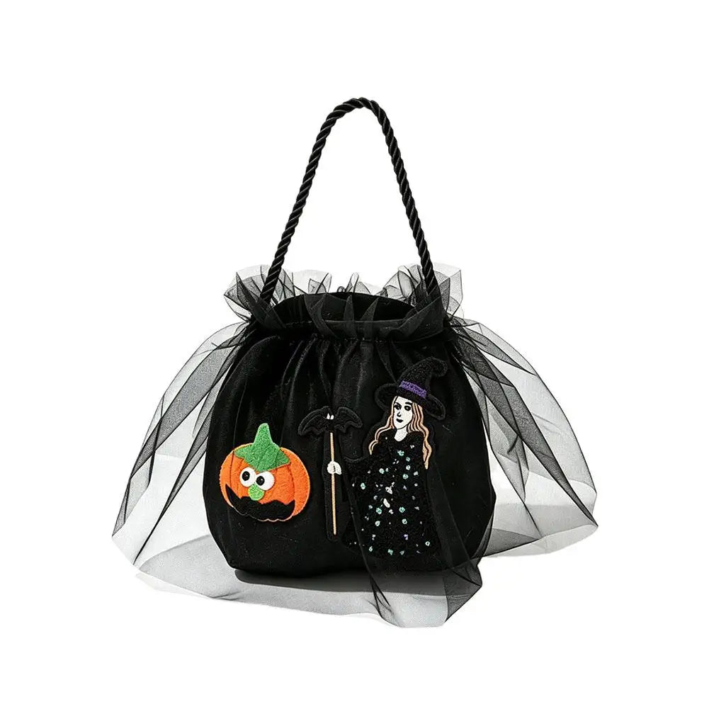 Halloween Princess Candy Bag Witch Pumpkin Embroidered Mesh Tote Drawstring Treat Holder Party Costume Accessory Quake Black A