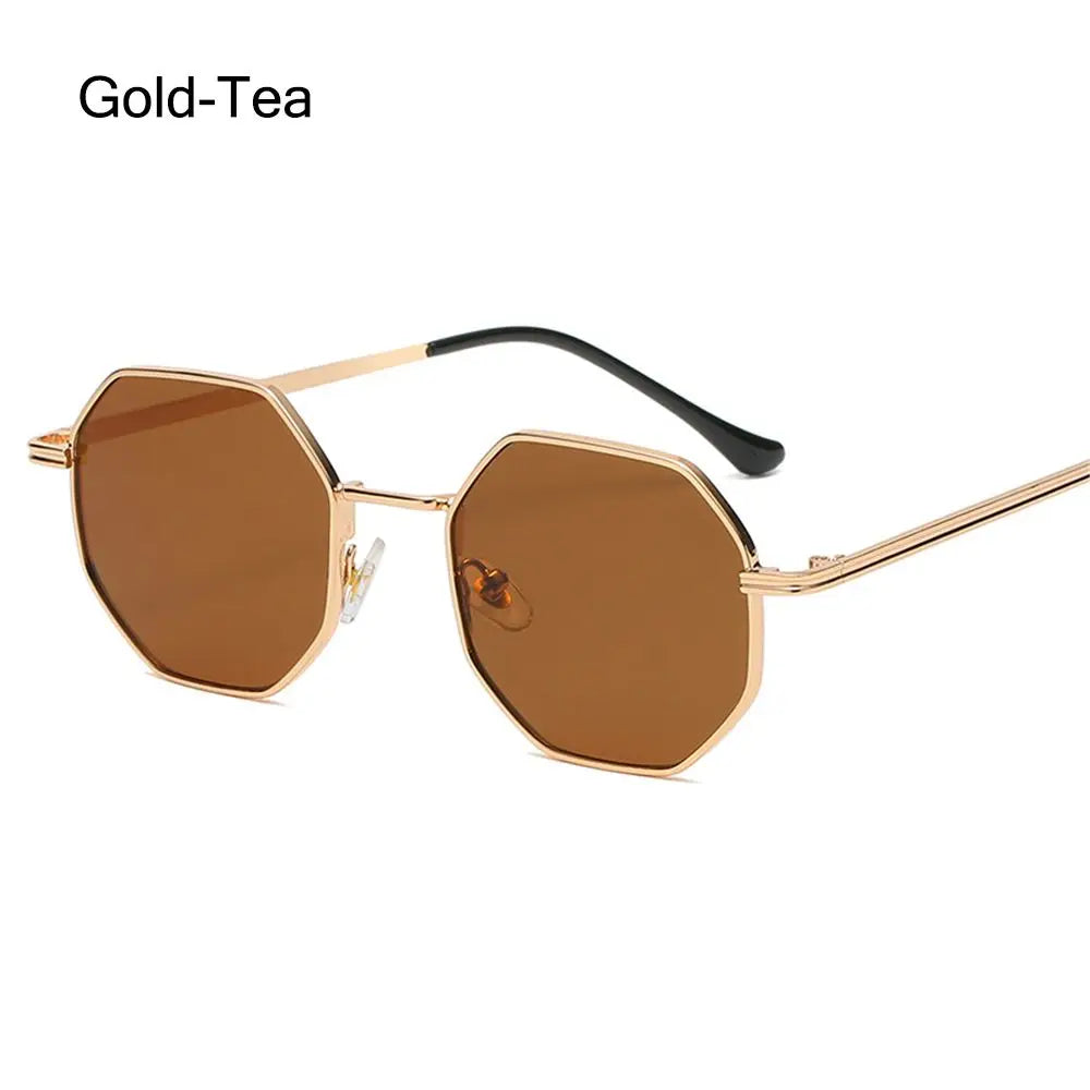 Summer UV Protection Sunglasses Fashion Polygon Sun Glasses for Women Men Trendy Classic Metal Frame Shades Eyewear Quake Gold-Tea