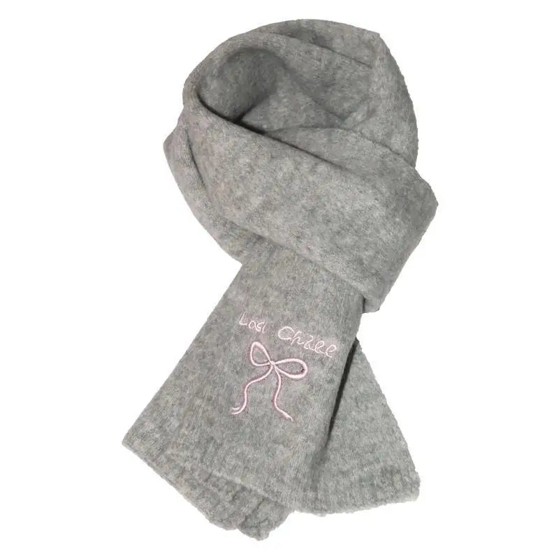 1pc College Style Imitation Cashmere Scarf Winter New Item Solid Color Embroidered Bow Couple Scarf Quake grey