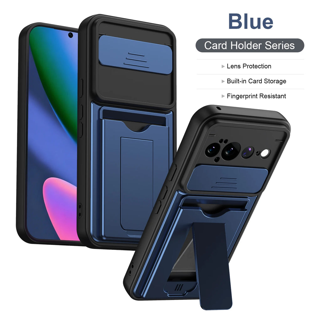 Foldable Stand + Card Holder Phone Case for Google PIXEL11PRO XL Shockproof Soft Hard 2-In-1 Phone Protector, Durable phone case Quake Blue Google Pixel 11 Pro XL