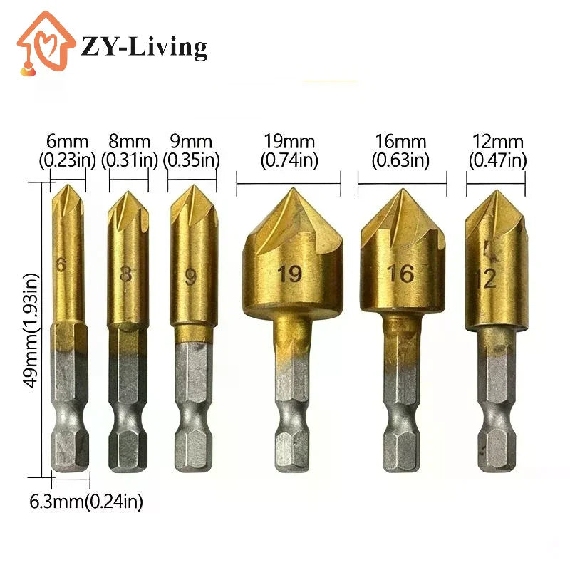 3/6Pcs Hexagonal Handle Titanium Plated Five Edge Chamfering Knife Countersunk Drill 6-19mm Woodworking Spot Facer Tool Set Quake