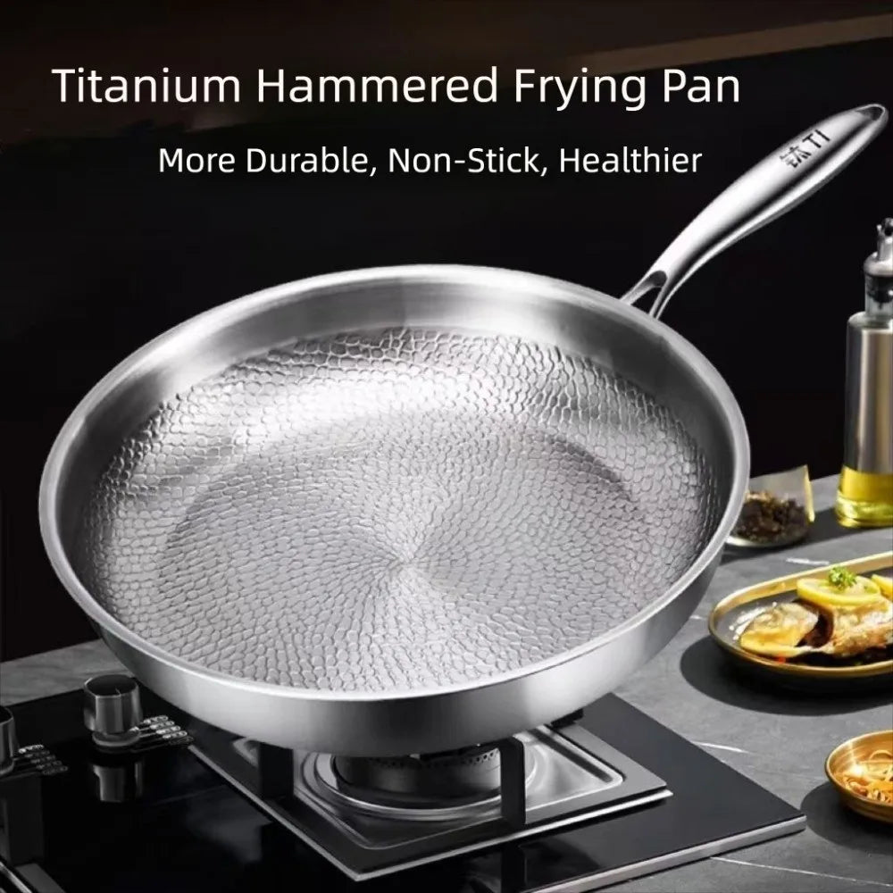 26/28/30/32cm Titanium Frying Pan Uncoated Non Stick Steak Frying Pan Thickened Fish Scale Hammer Pattern Kitchen Cookware Quake