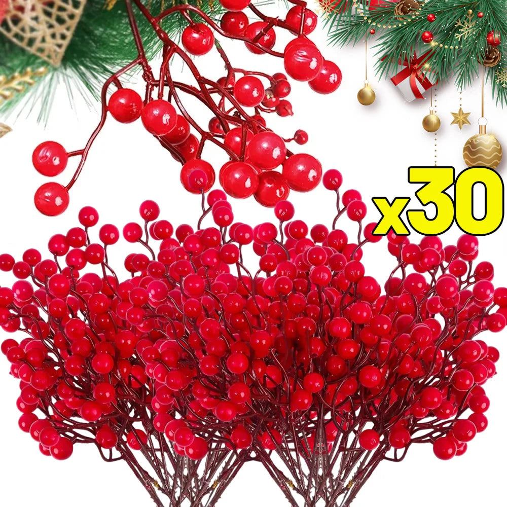 30/1Pc Artificial Red Berry Branches 13Heads Foam Red Berries Christmas Tree Ornament DIY Garland Home Party New Year Decoration Quake