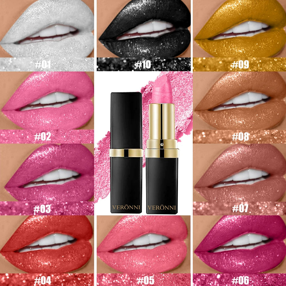 10 Colors Glitter Lipstick Waterproof Long Lasting Diamond Pearlescent Metallic Lipstick Lipgloss Women Lips Makeup Cosmetic Quake