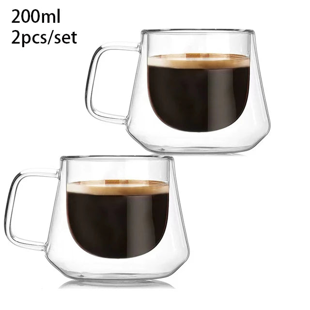 YWDL 2pcs 200ml Double Wall Glass Coffee Mug Heat-resistant Espresso Cup Thermo Insulated Cup Tea Water Drinkware Set Quake B No pattern 2pcs 200-220ml