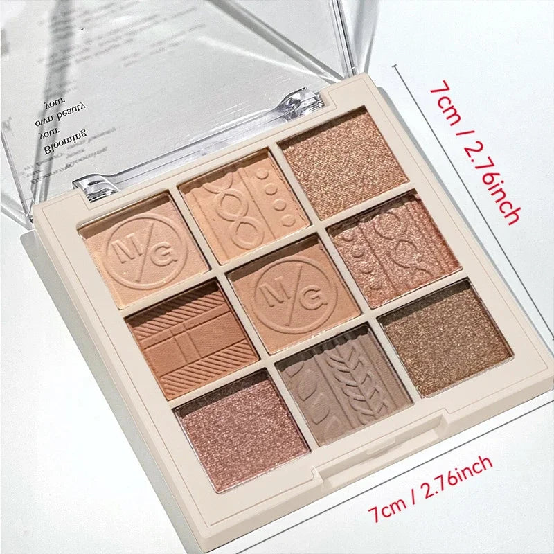 9-Grid Knitted Brown Eyeshadow Palette Matte & Shimmer 9 Colors Natural Waterproof for Graduation Prom Makeup Quake