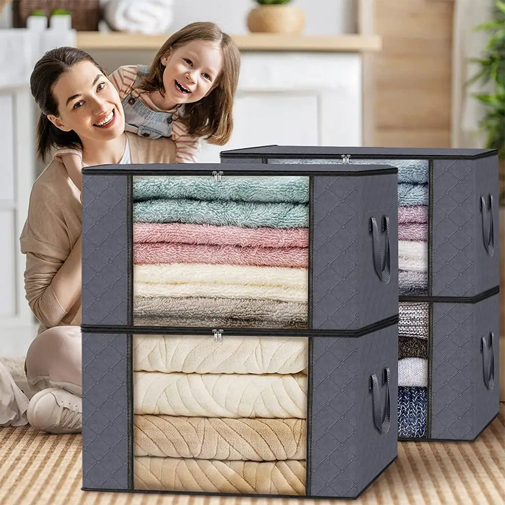 35L/60L/90L Foldable Storage Box Non-woven Fabric Transparent Window Storage Organizer With Lids Dustproof Quake