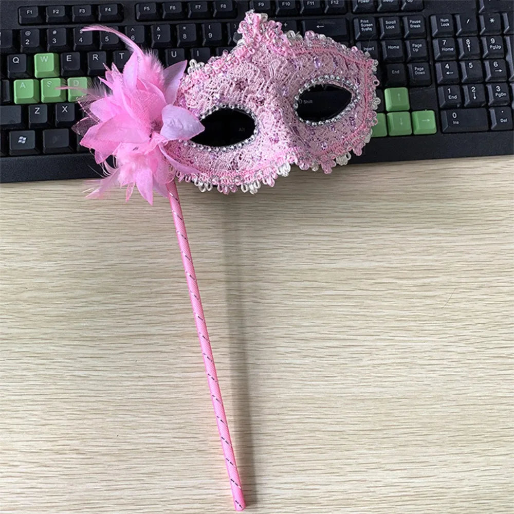 Stick Side Feather Flower Handheld Masquerade Masks Festival Costume Party With Holding Stick Translucent Half Face Mask Feather Quake Pink