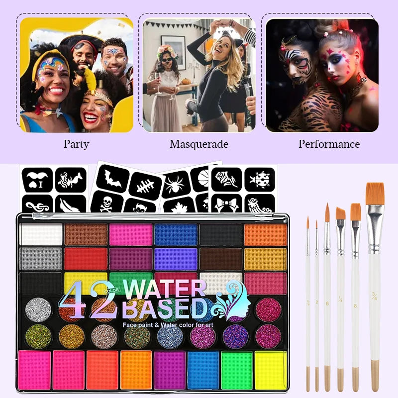42 Colors Water Soluble Face Body Painting Set UV Neon Glitter Face Paint Art Halloween and Christmas Party Body Paint Makeup Quake