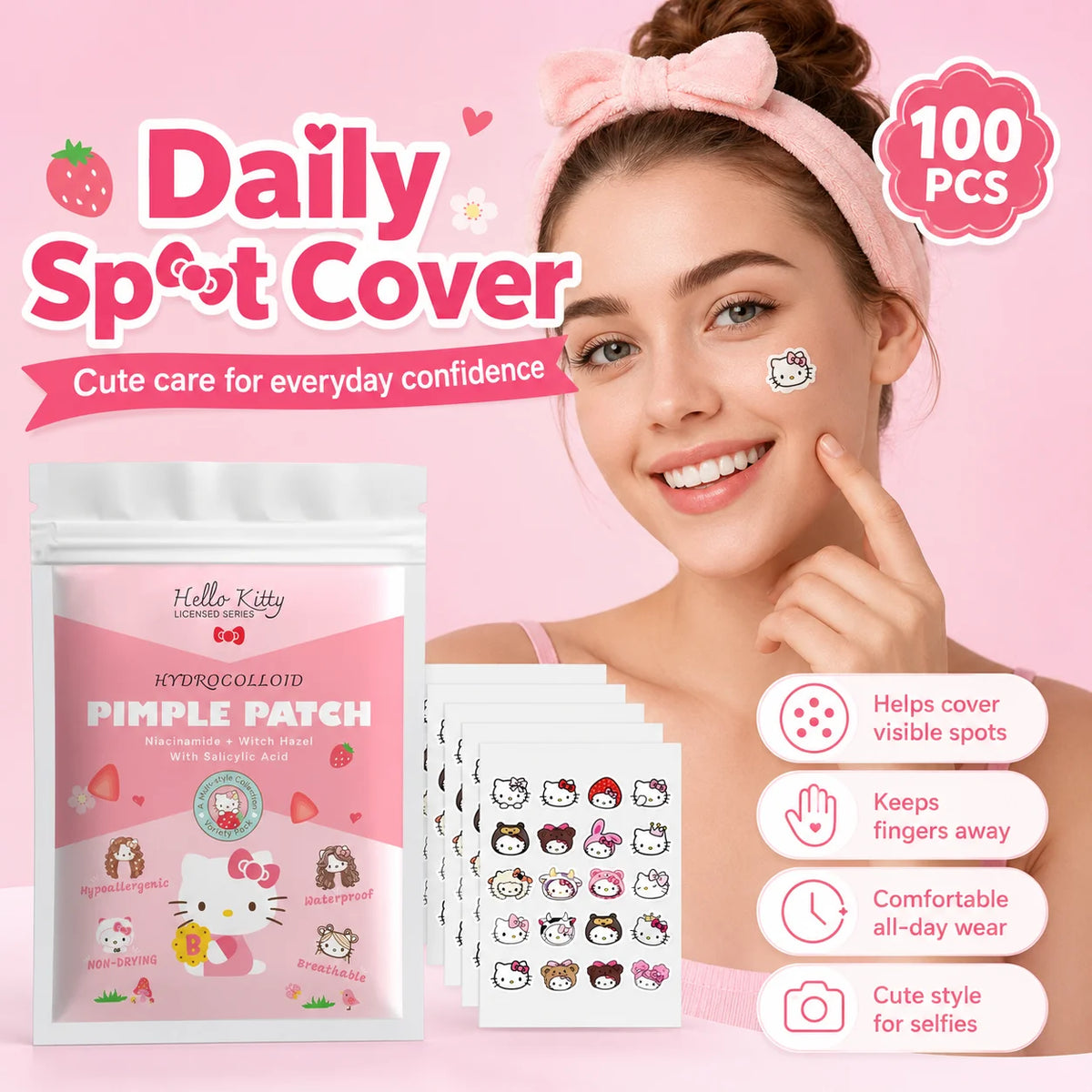 100PCS hello kitty Acne patches, facial acne patches, hydrogel acne removal patches, concealer Quake