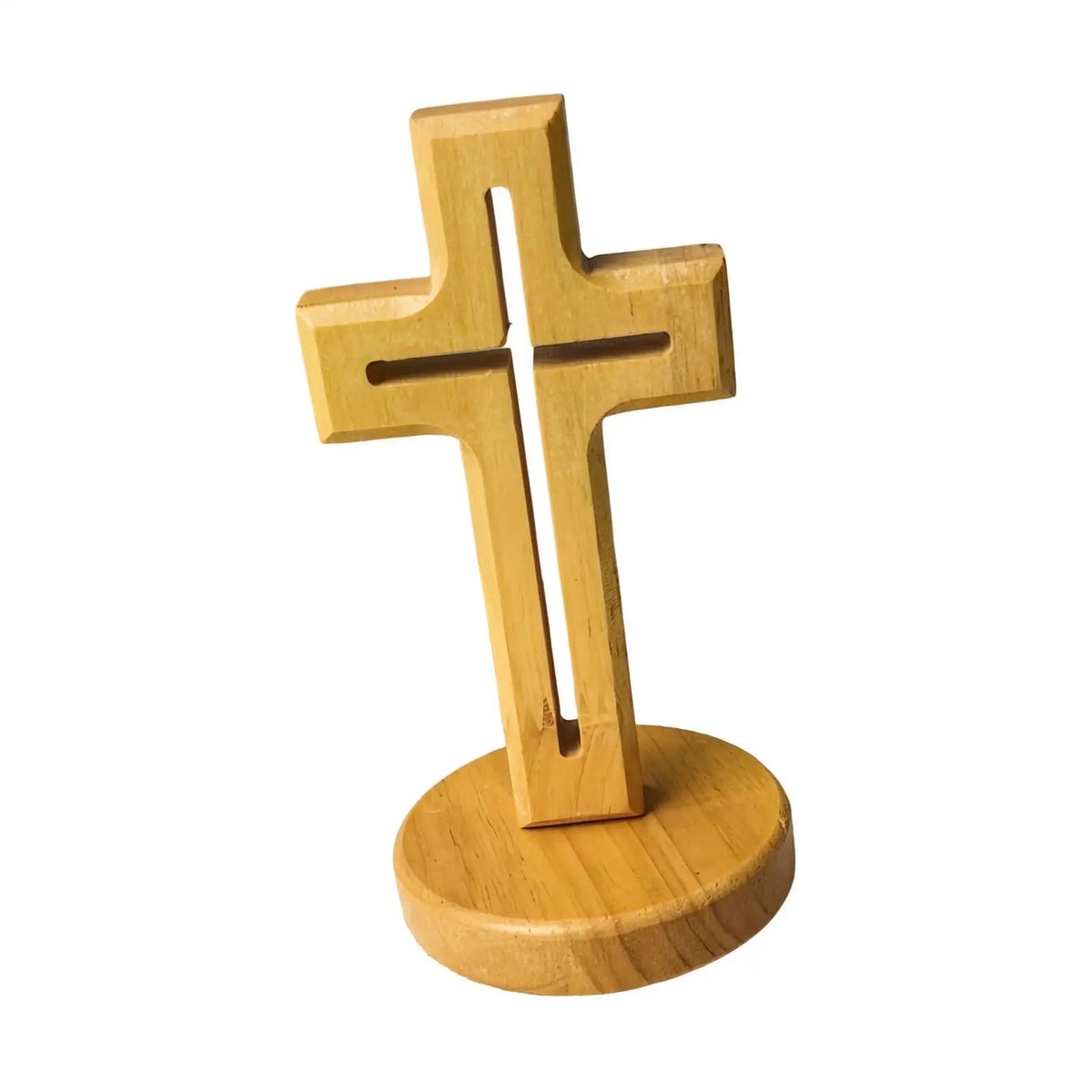Wooden Standing Cross Centerpiece Rustic Art Ornament for Desk and Table in Modern Home Decoration Quake Hollow Round Base