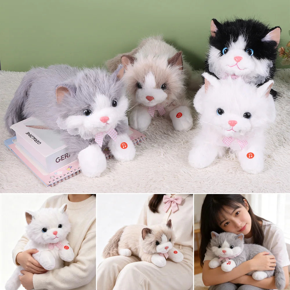 New Soft Simulation Cat Plush Toys Fluffy Voiced Ragdoll Cat Plush Doll Cute Cartoon With Bib Simulated Kitten Model Home Decor Quake
