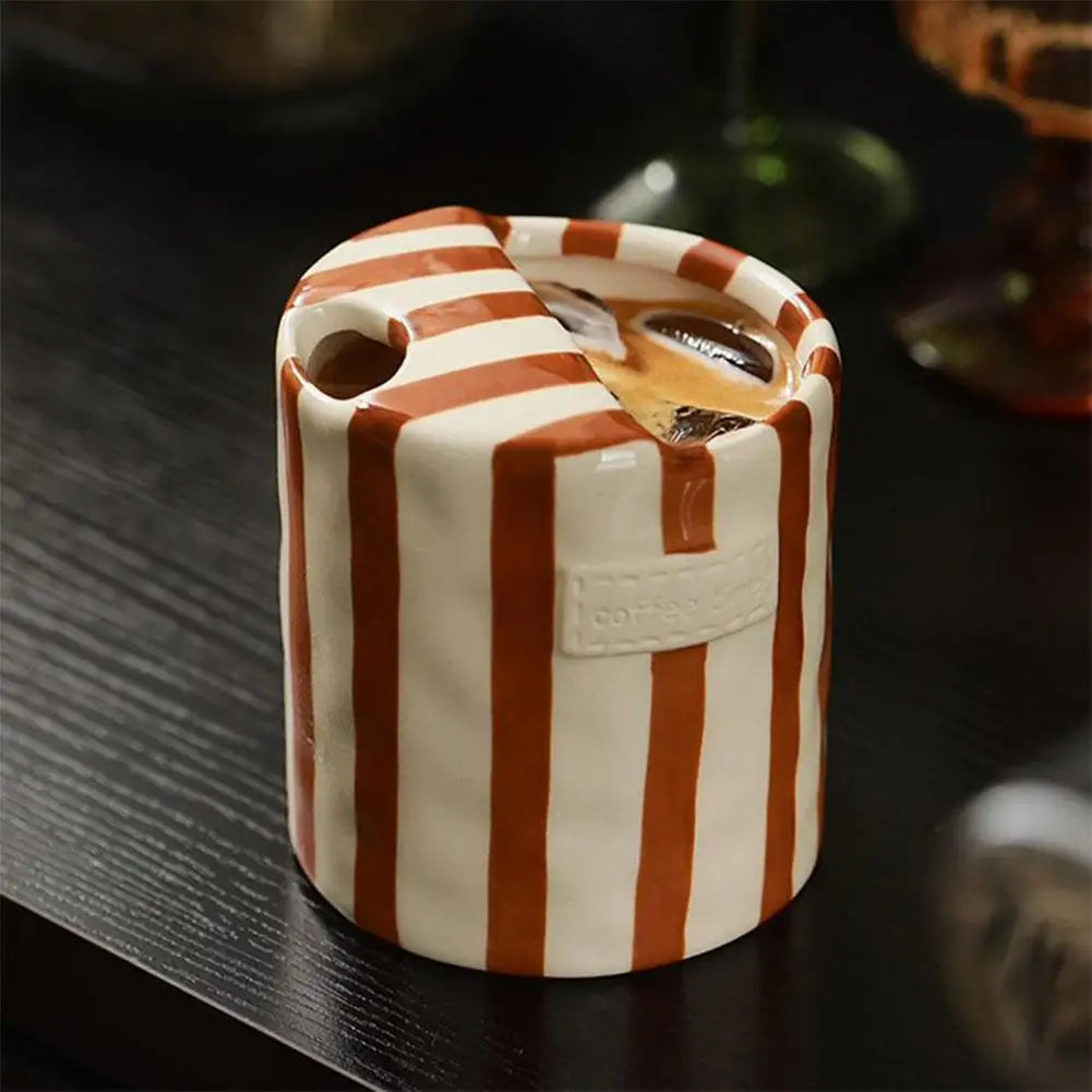Vintage Stripe Hand Painted Ceramic Mug Creative Dual Compartment Coffee Cup for Office Afternoon Tea Breakfast Quake