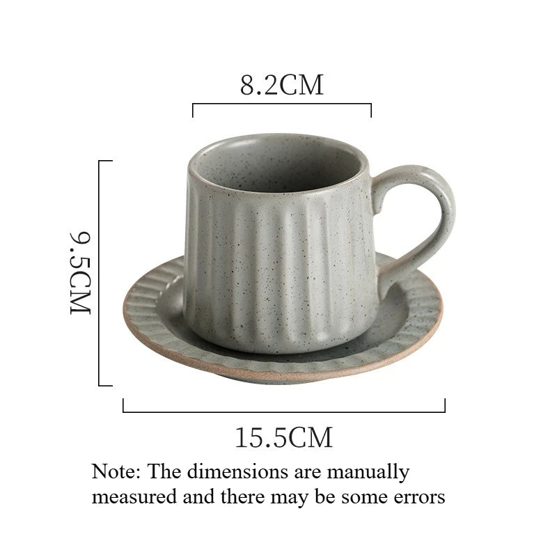 Japanese Retro Coarse Ceramic Cup Saucer Set Vintage Vertical Striped Mug Home Afternoon Tea Coffee Cup for Household Use Quake A 200-400ml