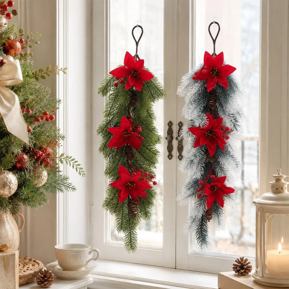 Christmas Artificial Hanging Vine Branch with Red Berries Pinecones Christmas Home Party Fake Plants Decorations for Door Window Quake