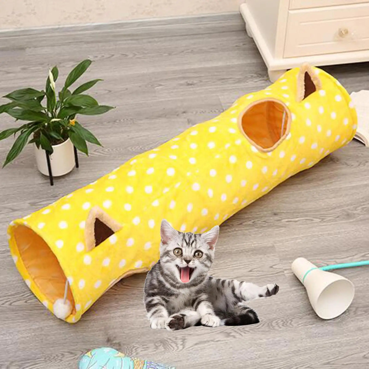 Funny Cat Kitten Folding Tunnel Training Peepholes Play Fun Toy Interactive Quake yellow