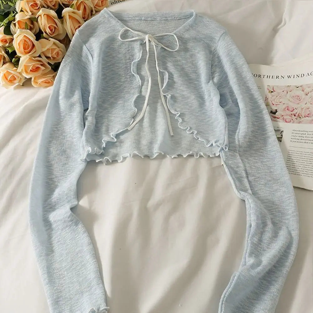 Thin Sunscreen Cardigan Ruffle Design Long Sleeve Sun Protected Polyester Sunscreen Clothing Short Coat Casual Women Quake Blue