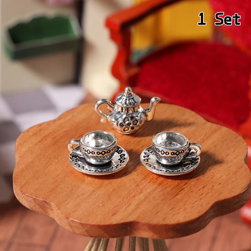 1Set 1:12 Dollhouse Miniature Metal Teapot Cup With Saucer Mini Tea Set Kitchen Tableware Decor Toy Model Doll House Accessories Quake Silver