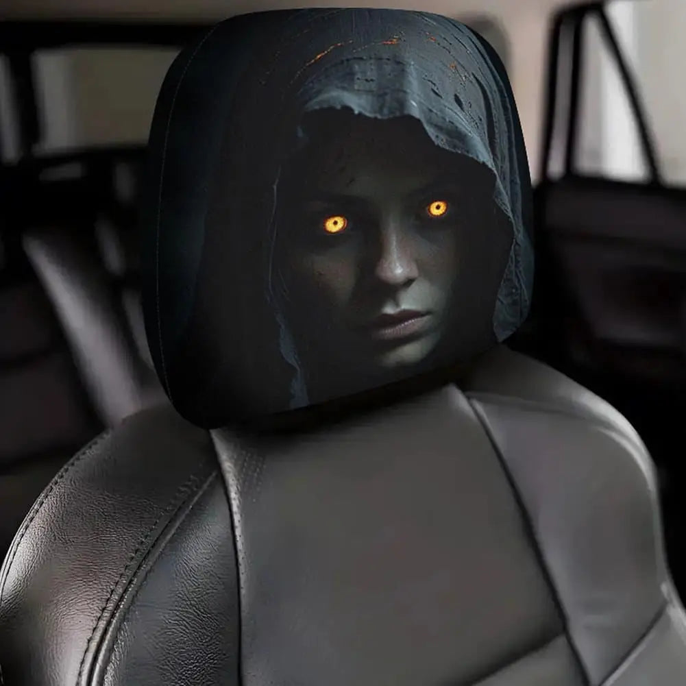 Halloween Car Headrest Covers 2Pcs Scary Face Print Stretch Dustproof Seat Protector Universal Horror Car Interior Accessories Quake