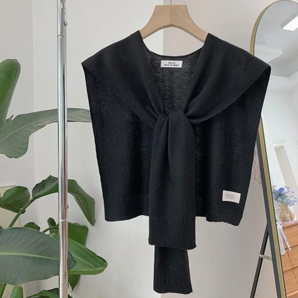 Fashion Knitted Design Knitted Shawl Knotted Solid Color Fake Collar Neck Guard Thin Shoulder Scarf Women Quake Black