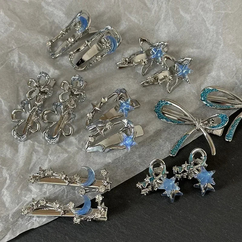 Y2K Blue Silver Alloy Hair Clip Korean Simple Girls Blue Rhinestone Star Metal Duckbill Clip Bangs Side Clip Hair Accessories Quake