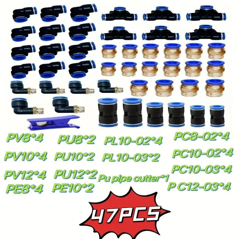 47pcs Air Hose Fitting Set, PVC Quick Connect Push-to-Connect NPT Thread Fittings, with Nylon Tubing Quake 47pcs