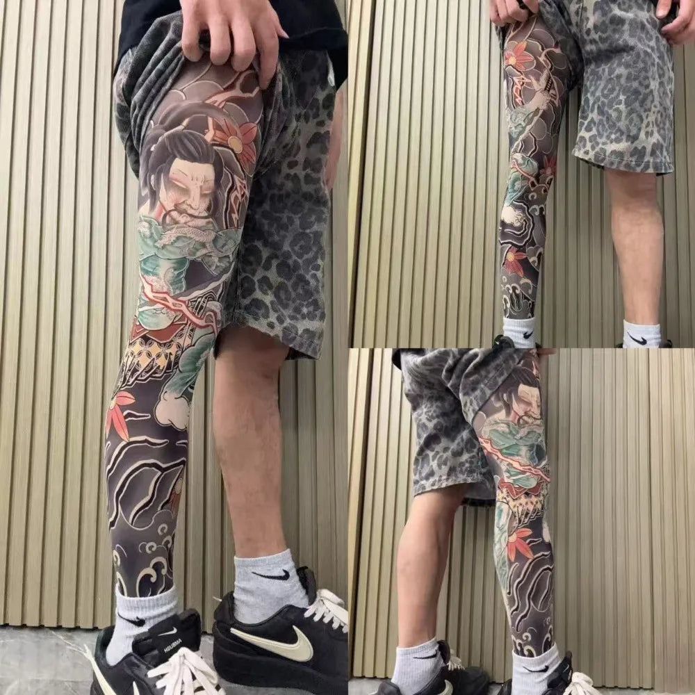 Full Leg Fake Tattoo Socks Printed Tights Cycling Fishing Elastic Socks Sun-proof Cool Personalized Driving Sexy Stockings Quake One Size 8