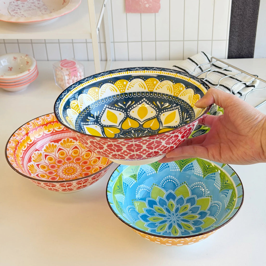 1/4-Piece Bohemian Ceramic Soup Bowl Set, 8 Inches in Diameter, Microwave and Dishwasher Safe, Perfect for Daily Meals Quake